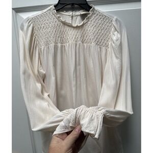 A New Day Smocked Blouse Women's Medium Long Sleeved Neck Ruffle Cream
